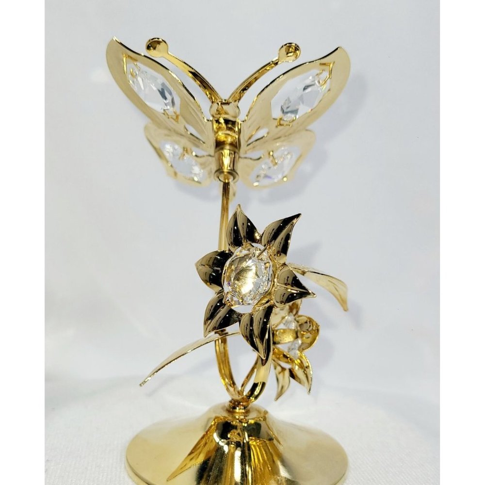 Mascot Austrian Crystal Butterfly Flowers 24K Gold Plate 4.5" Crystal